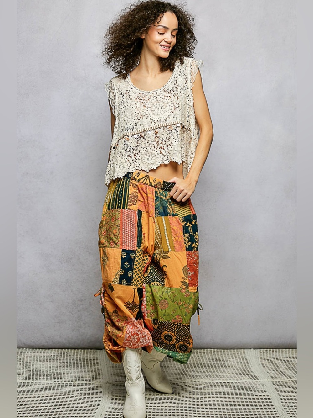 🧡 Hello Gorgeous!POL Printed Patchwork Wide Leg Pants Adjustable Side Drawstring - Picture 5 of 9